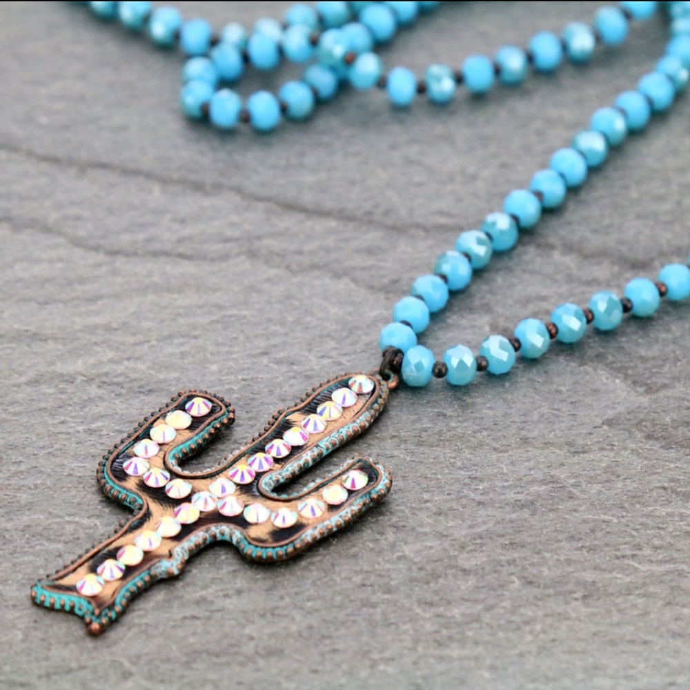 Turquoise Color Beaded Cactus Necklace and Earring Set NWT - Picture 3 of 6